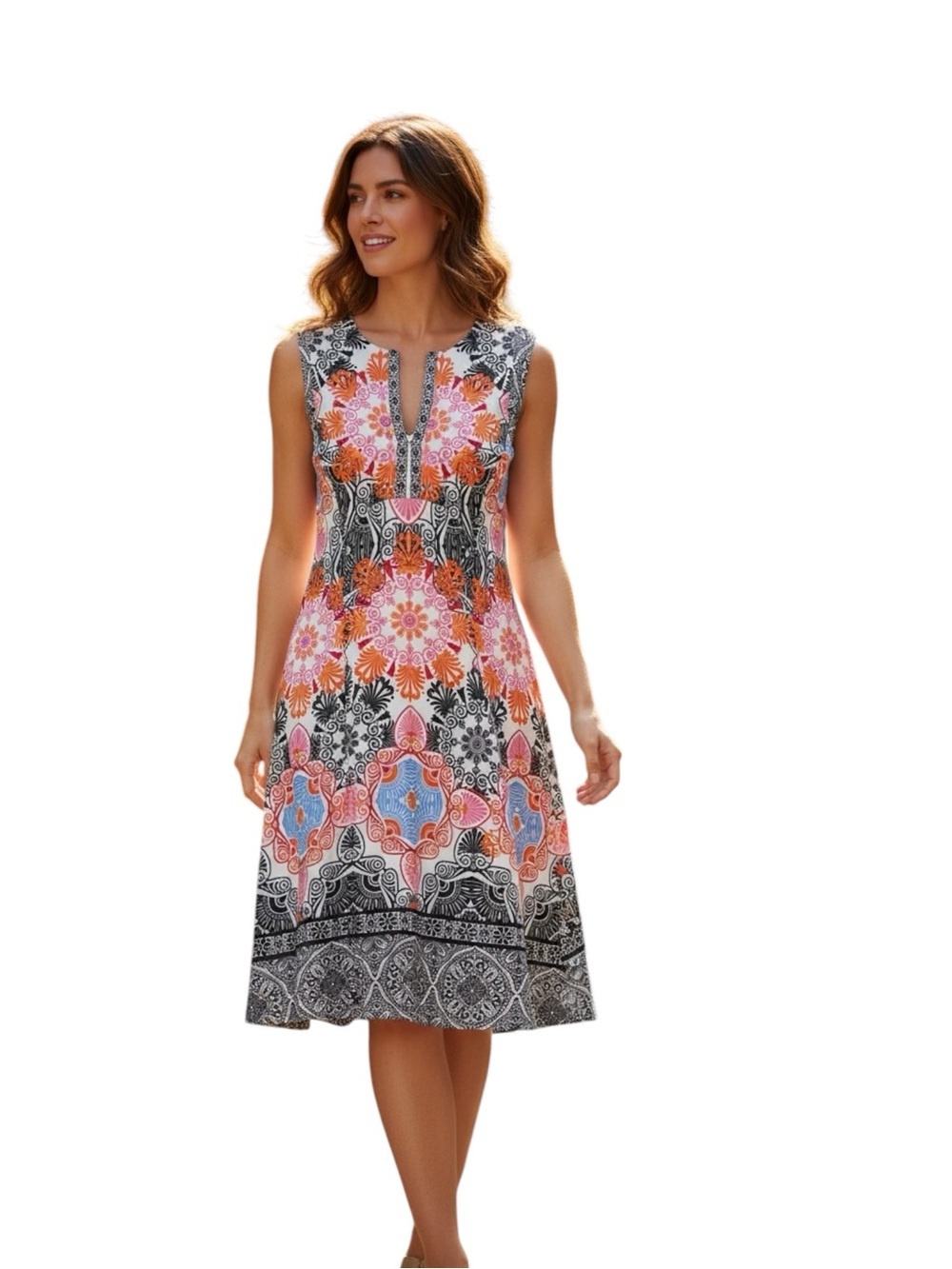 Maggy London Sleeveless Fit & Flare Dress Multicolor Medallion Print